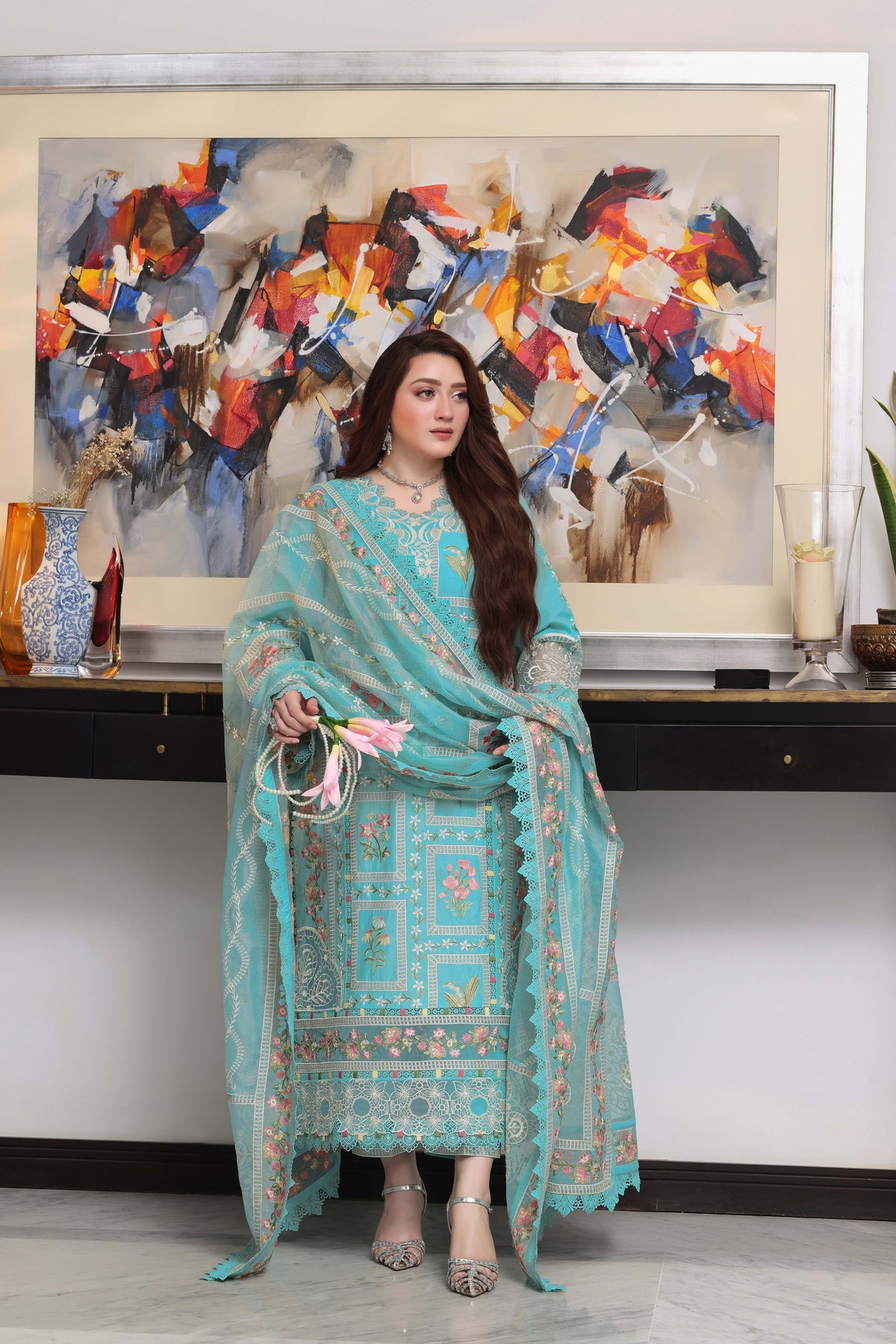 Aneelas Luxury Lawn Emb 3pc Khadi Net Duppata [LUX-26-80] [Dispatch Time 2 Months]