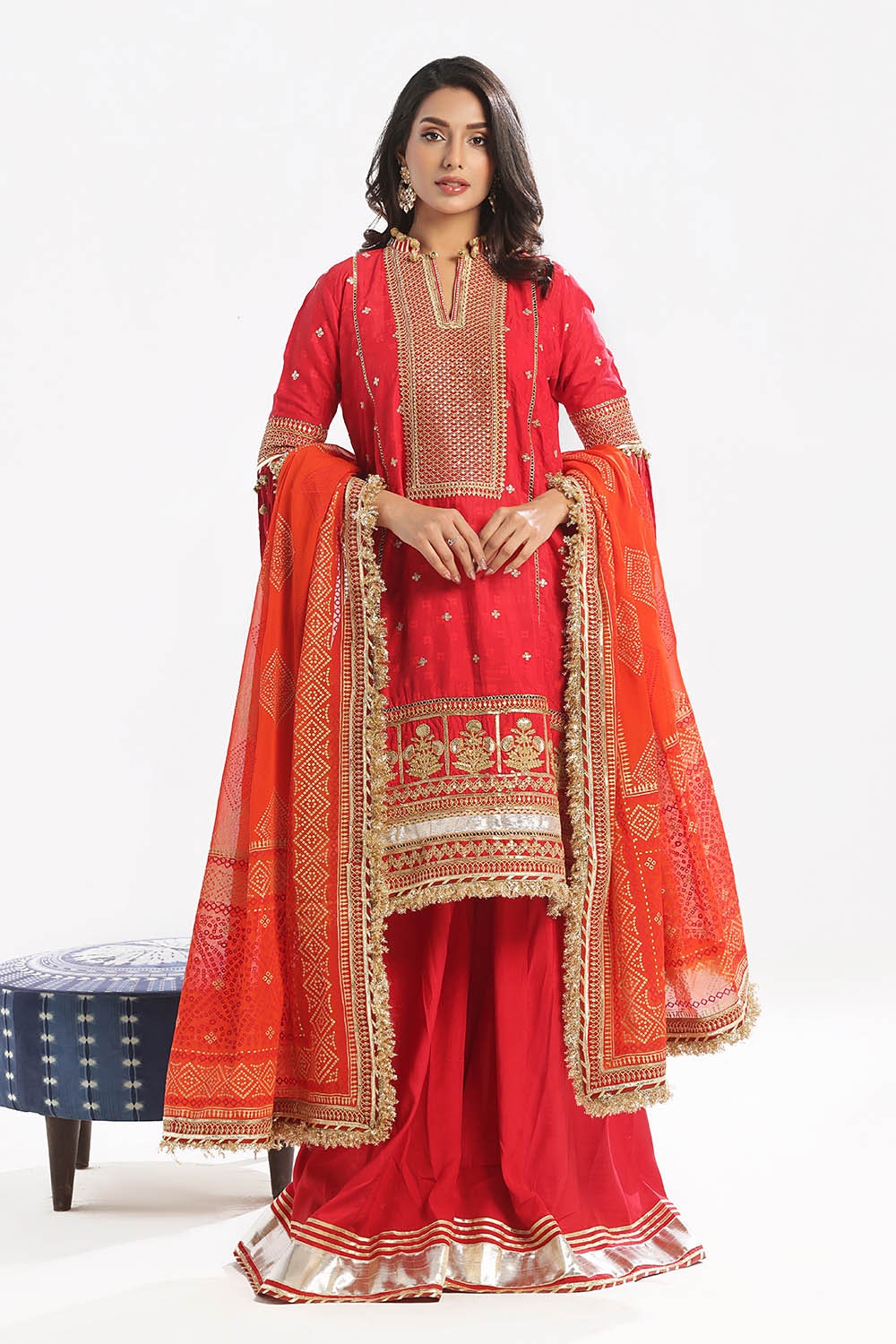 3 Piece Unstitched Embroidered Raw Silk Suit with Gold Lacquer Embroidered Printed Chiffon Dupatta