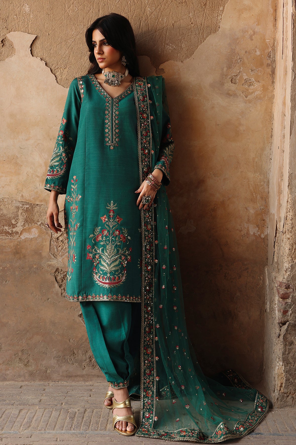 3 Pcs Embroidered Raw Silk CMA-6-443