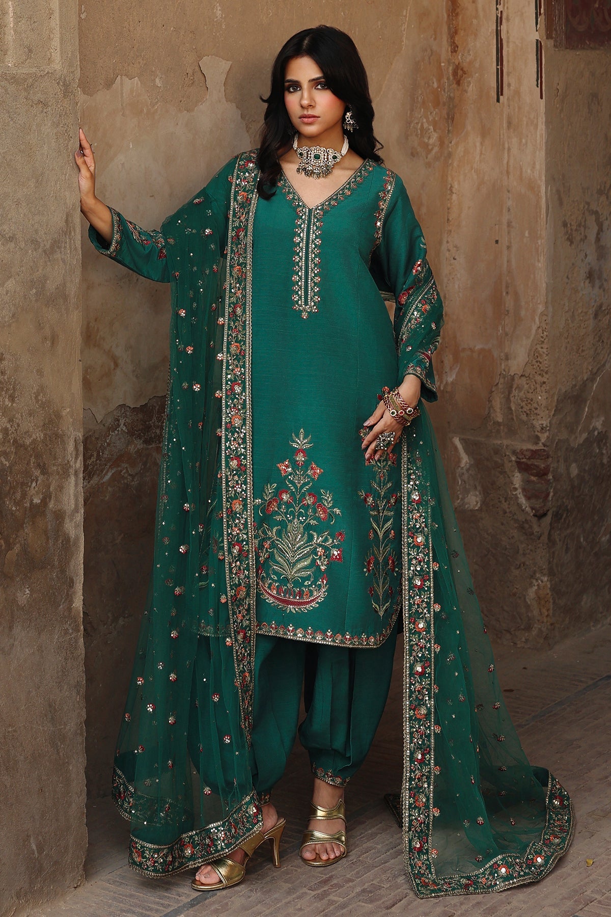 3 Pcs Embroidered Raw Silk CMA-6-443
