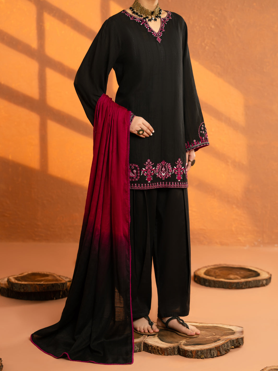 Black Cotton Dobby Stitched 3Pc - AWP-3PS-964