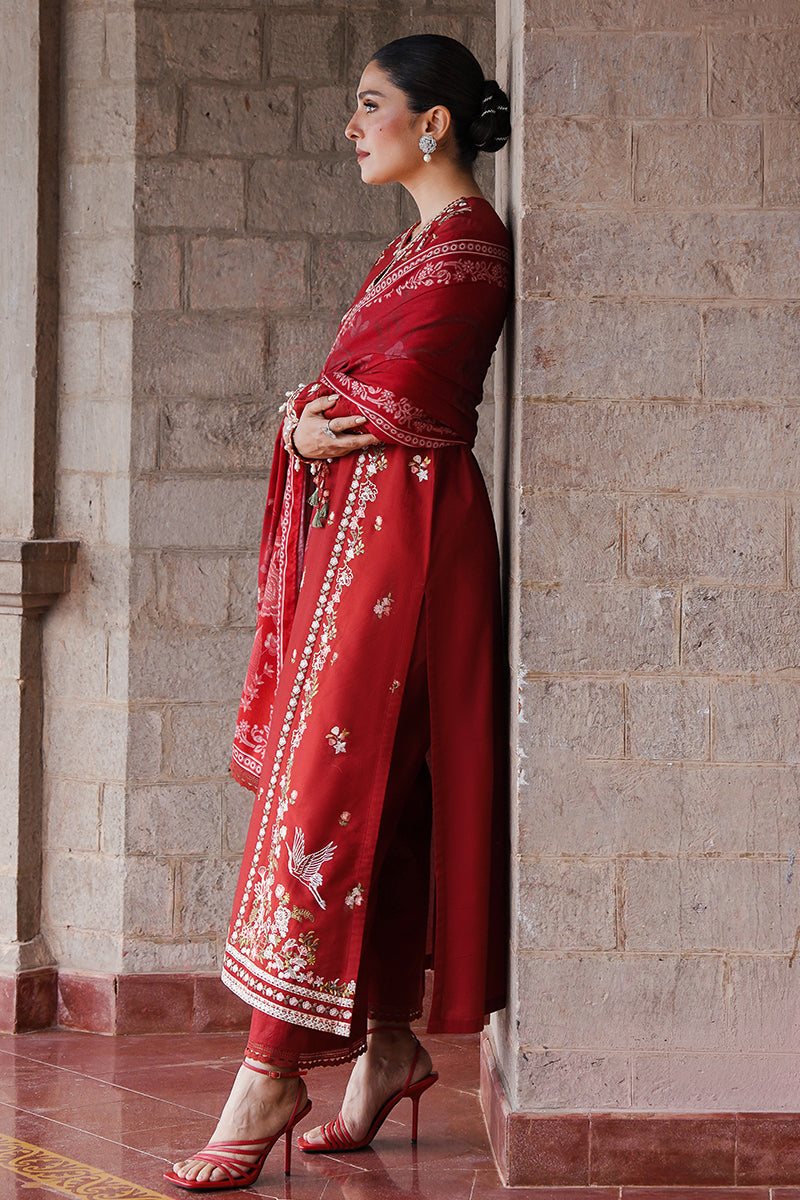 RUBY WHISPER-3PC SATIN EMBROIDERED SUIT UNSTITCH / RED / SATIN (RTS)-CROSS STITCHED