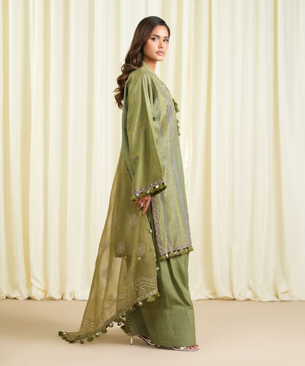 3 Piece - Embroidered Raw Silk Suit