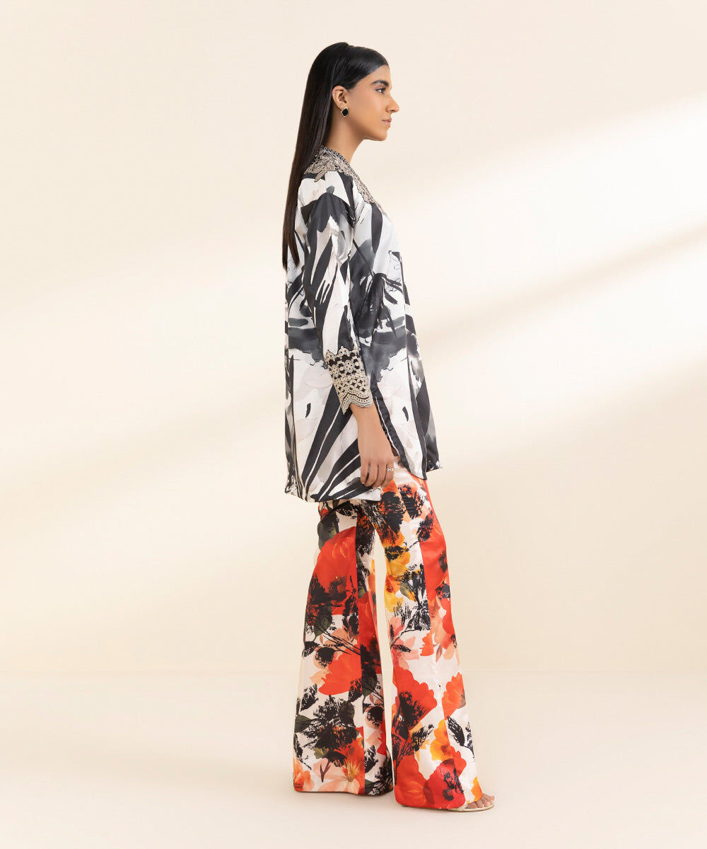 2 Piece - Embroidered Satin Suit