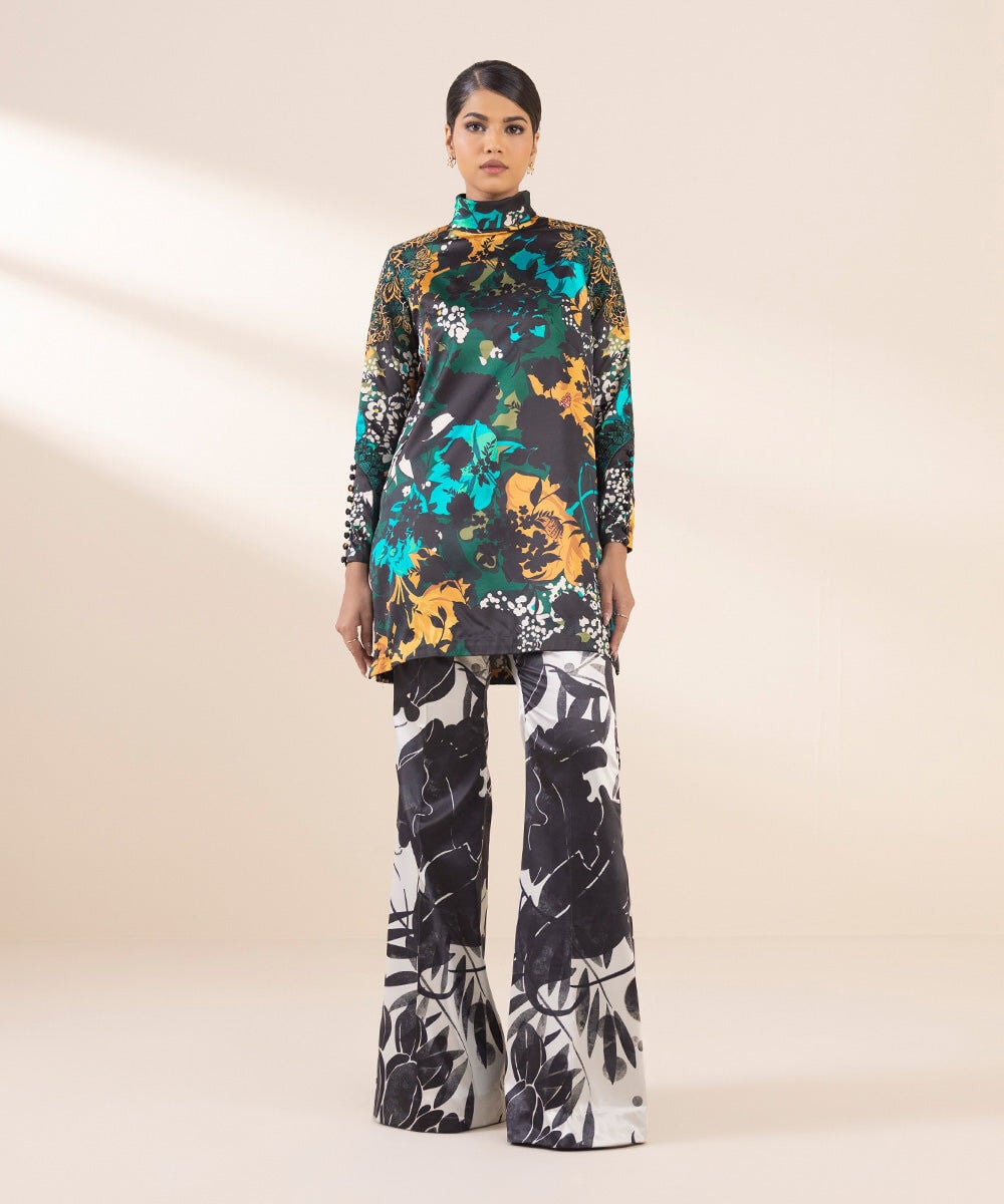 2 Piece - Embroidered Satin Suit