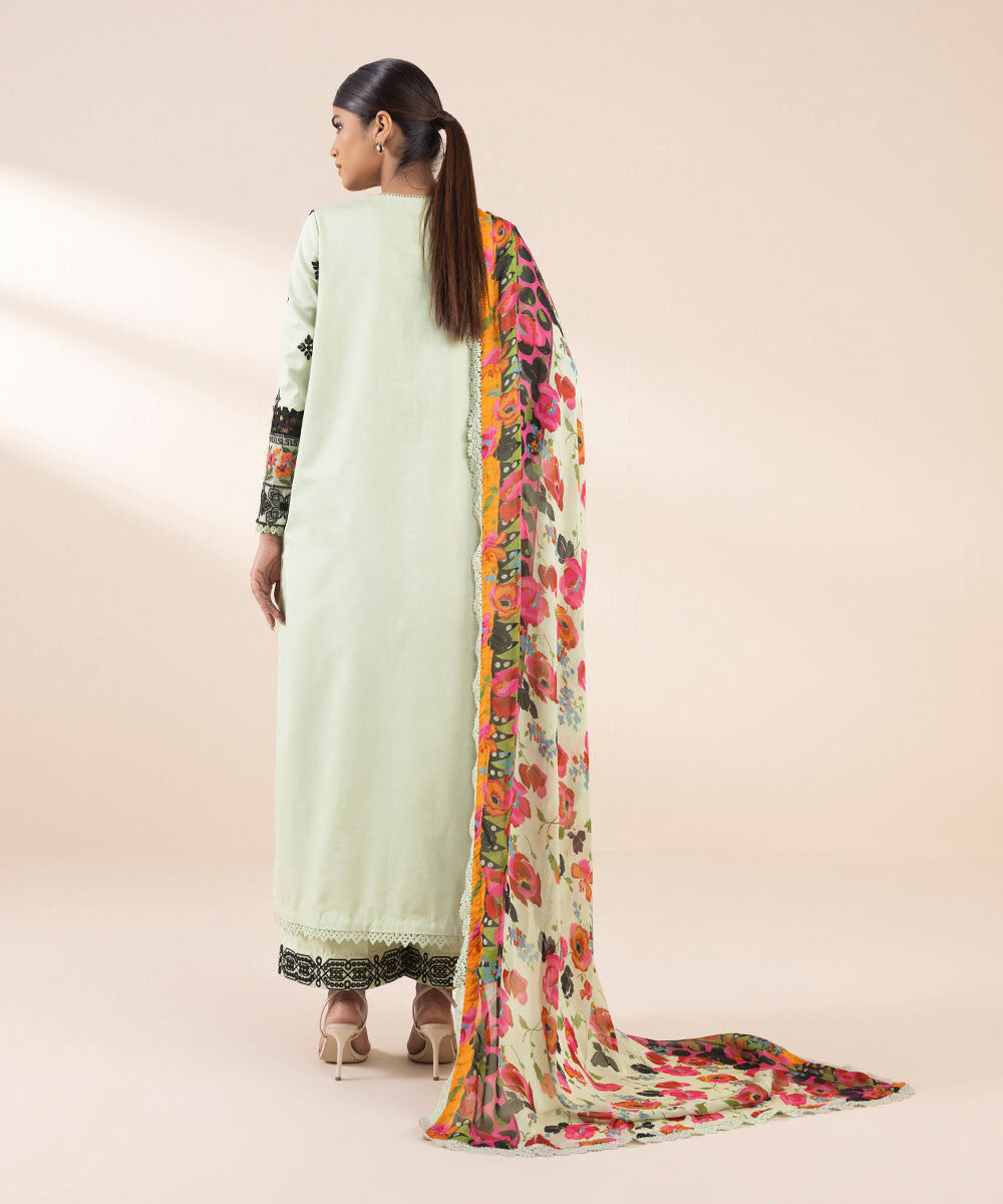 3 Piece - Embroidered Cotton Satin Suit