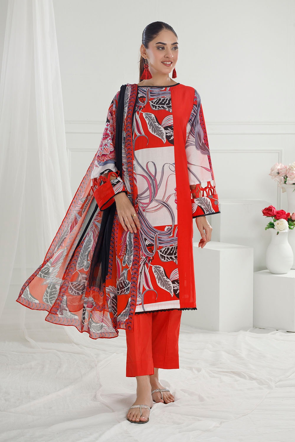 3 Piece Unstitched Printed Cotton Silk Suit with Printed Chiffon Dupatta