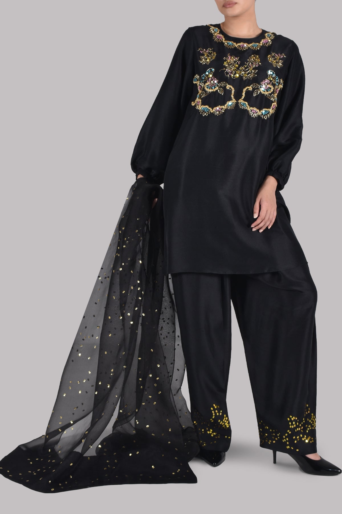 Black Embellished Raw Silk Set
