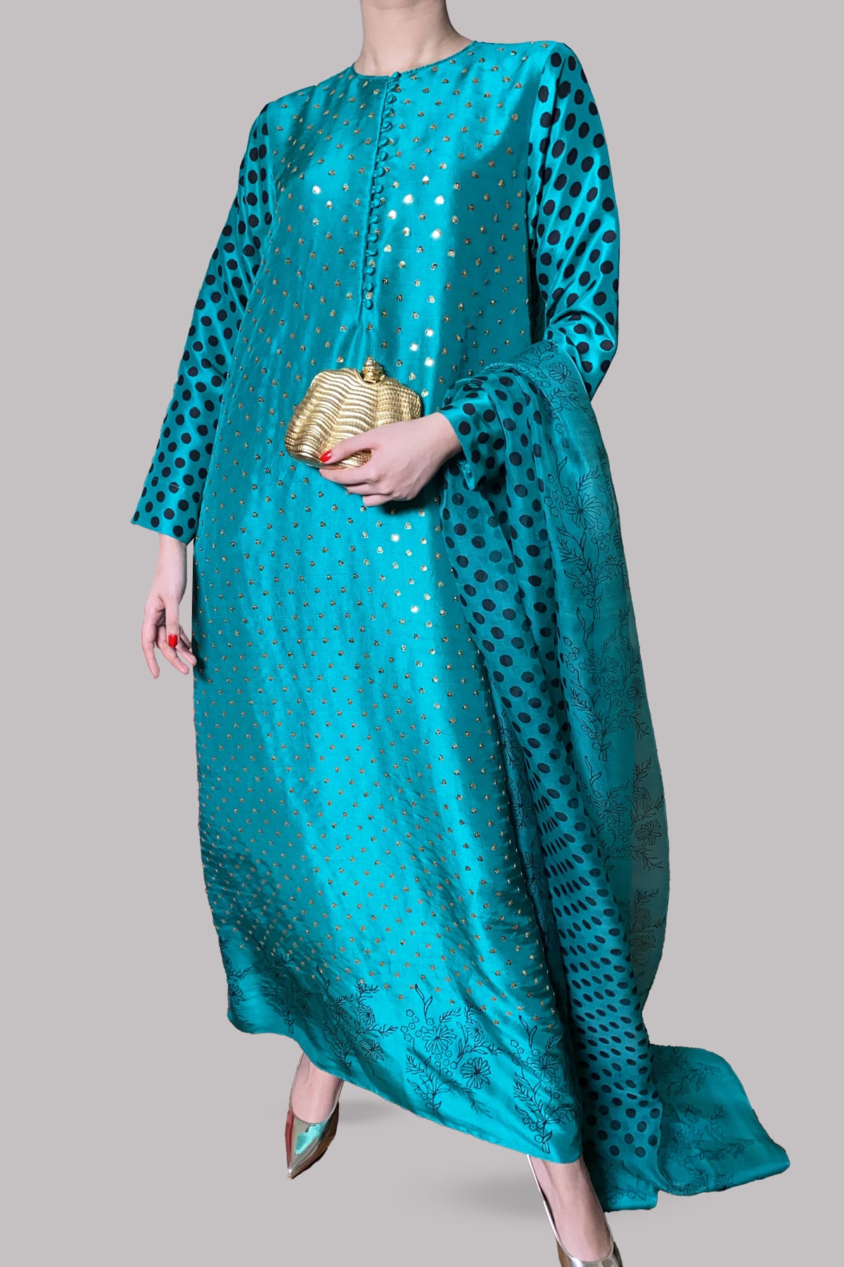 Ultramarine Green Block Printed Silk Maxi Dress Set
