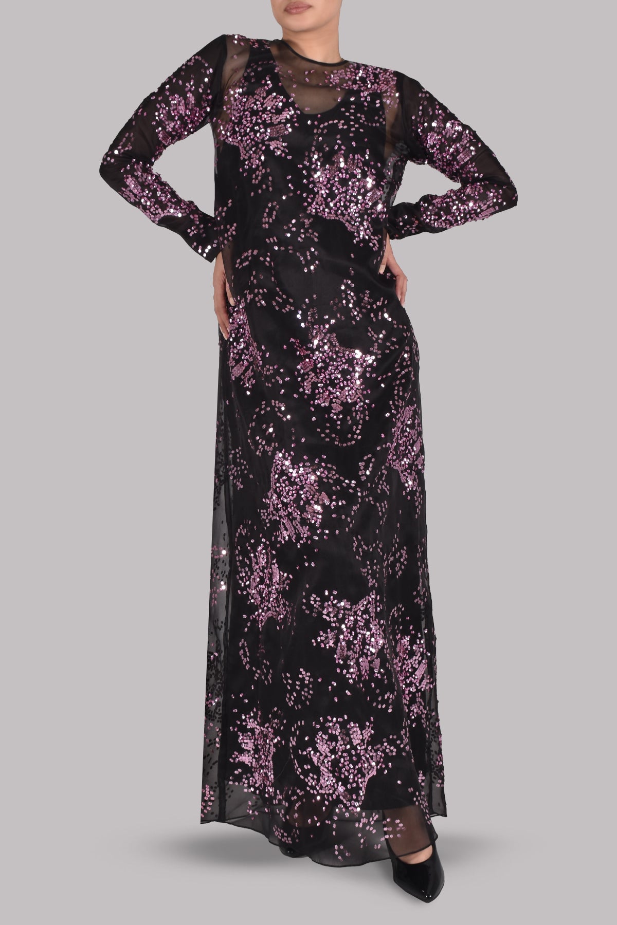 Black Embellished Italian Organza Maxi