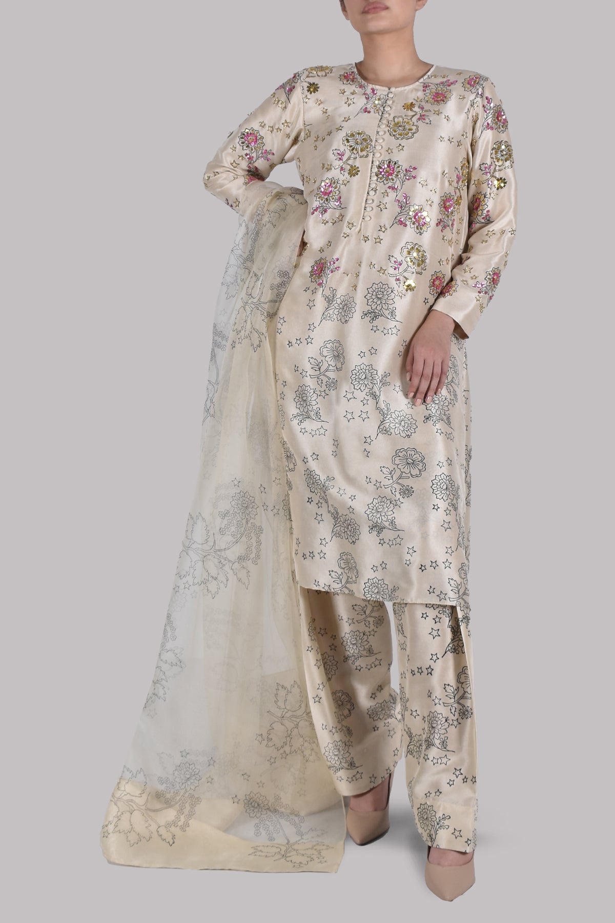 Lamb’s Wool Block Printed and Embellished Raw Silk Set