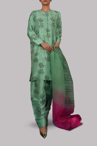 Neptune Green Block Print Embellished Raw Silk Tunic Set