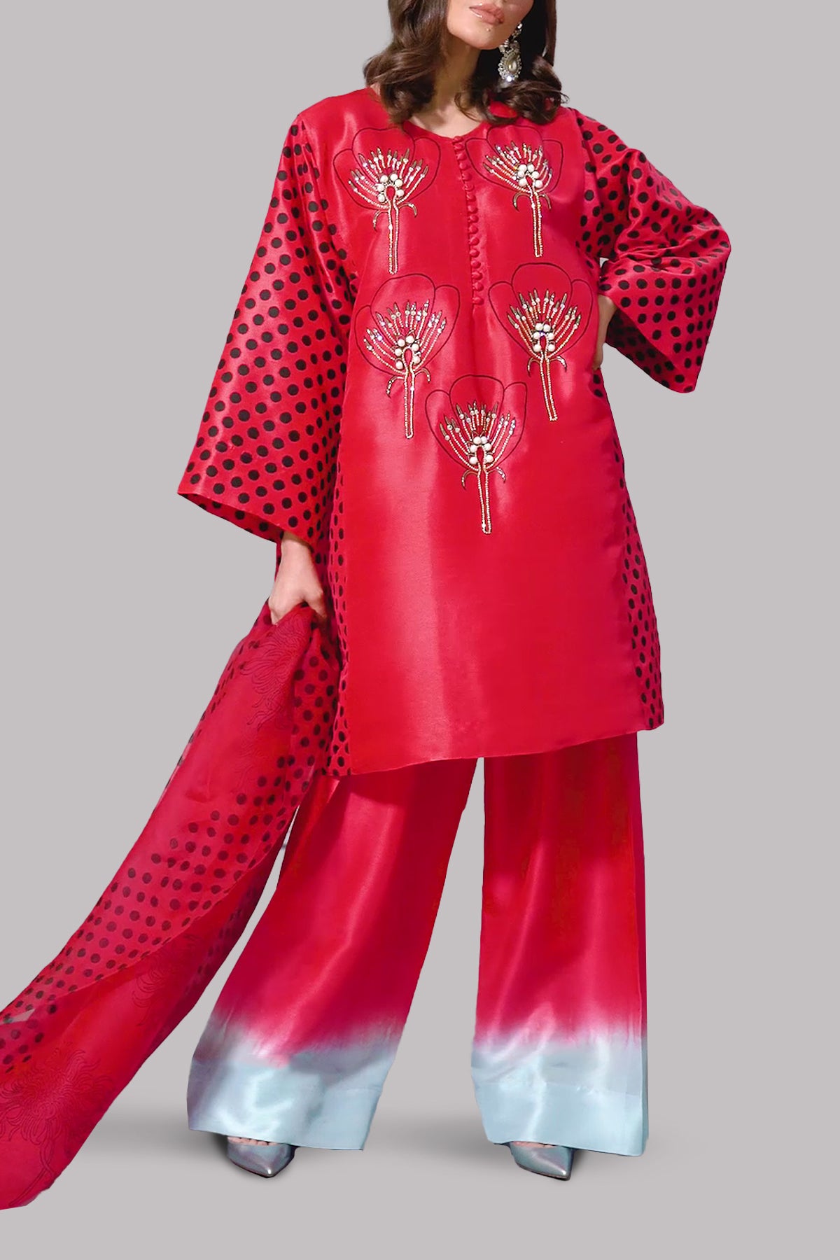 Lollipop Red Oversized Printed Embellished Raw Silk Set