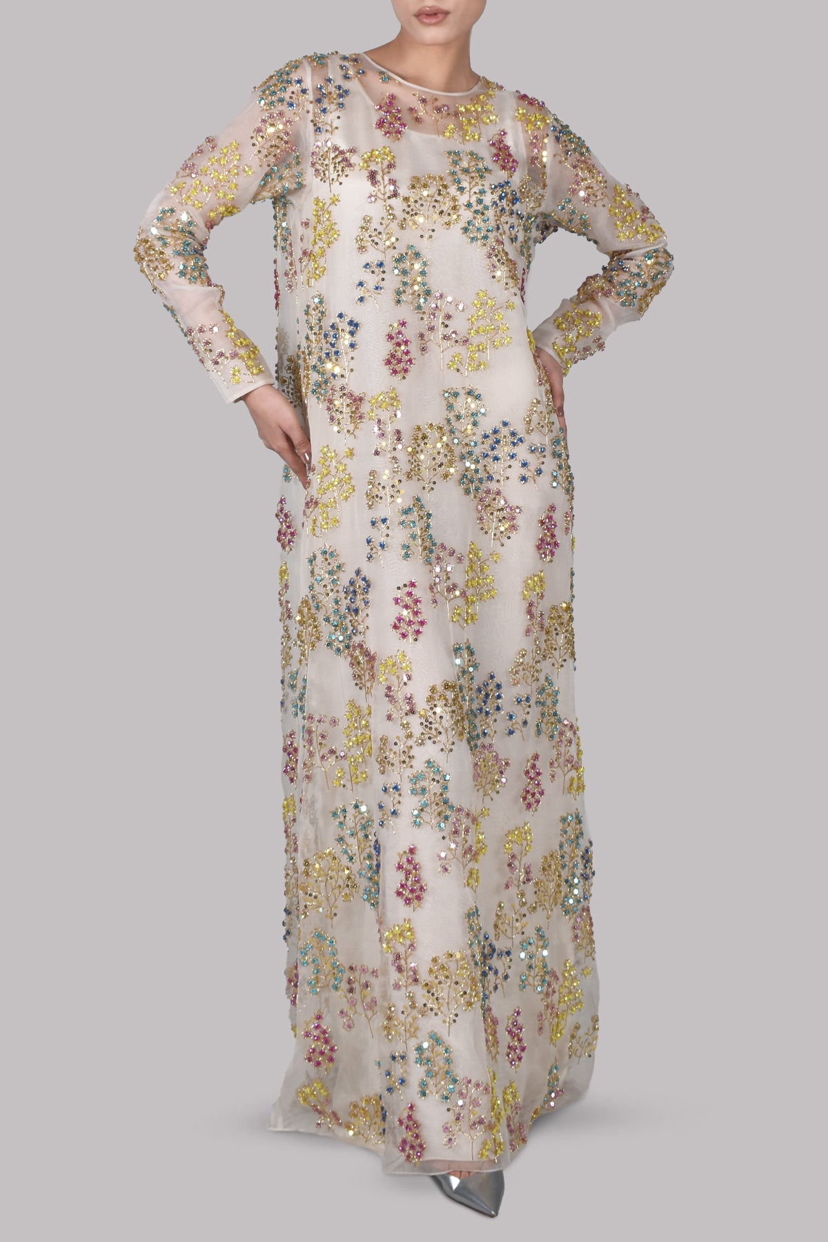 Egret Embellished Italian Organza Maxi