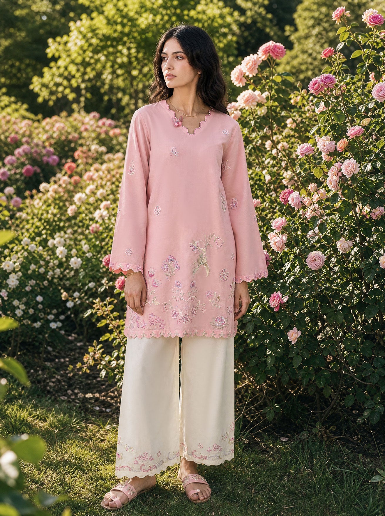 SS26DC-2627 LIGHT PINK 2PCS  EMBROIDERED KURTA WITH TROUSER