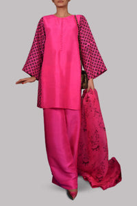 Diva Pink Block Print Raw Silk Set