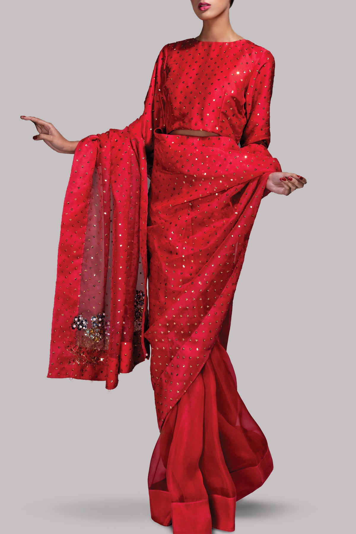 Tango Red Embellished Organza Sari