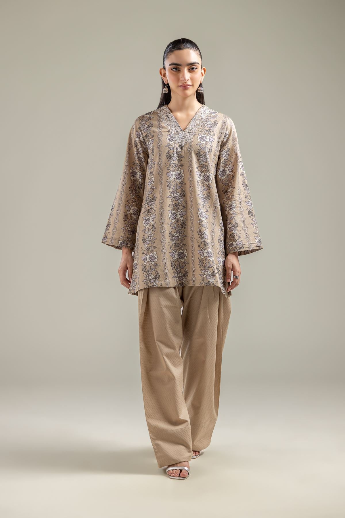 Beige V-Neck Kurta
