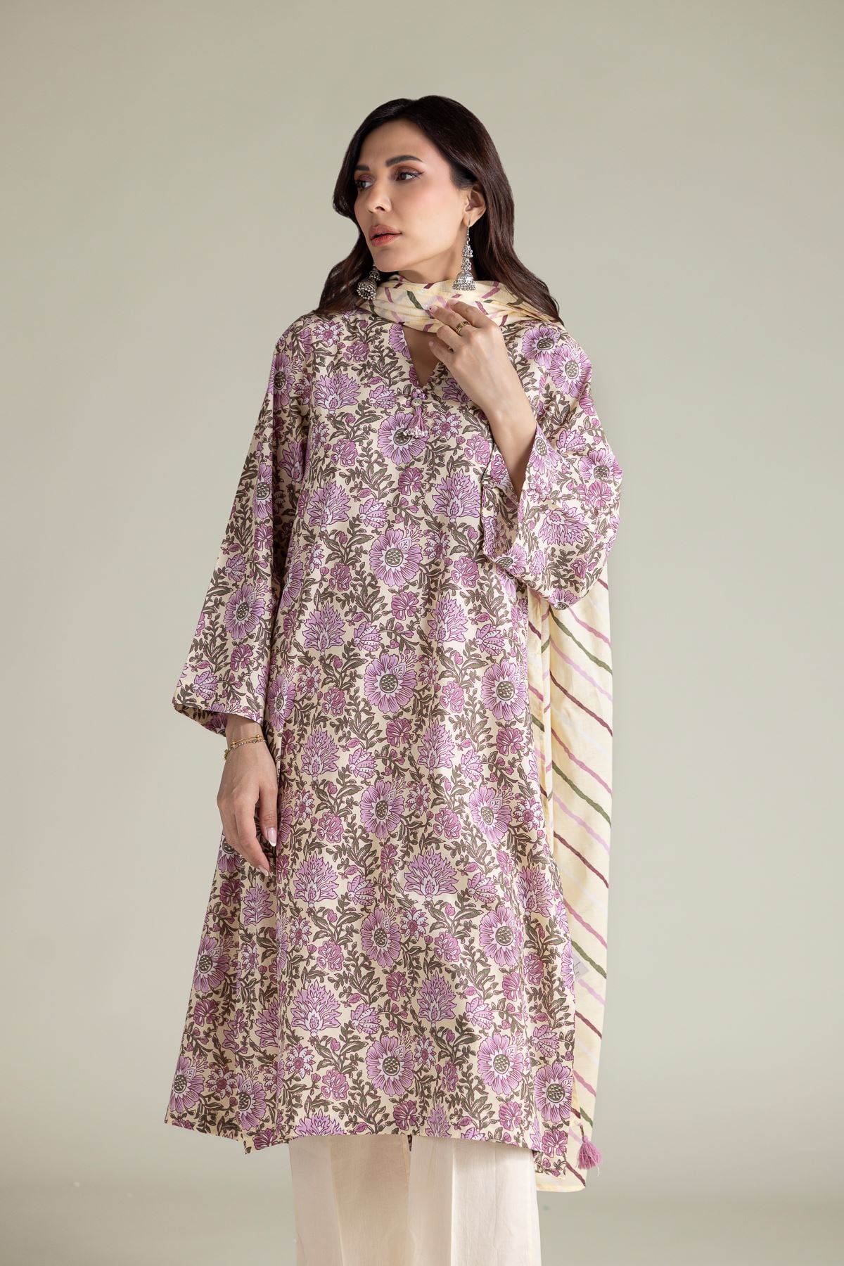 Beige V-Neck Kurta