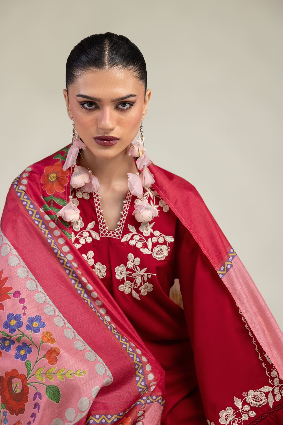 Red Floral Dupatta