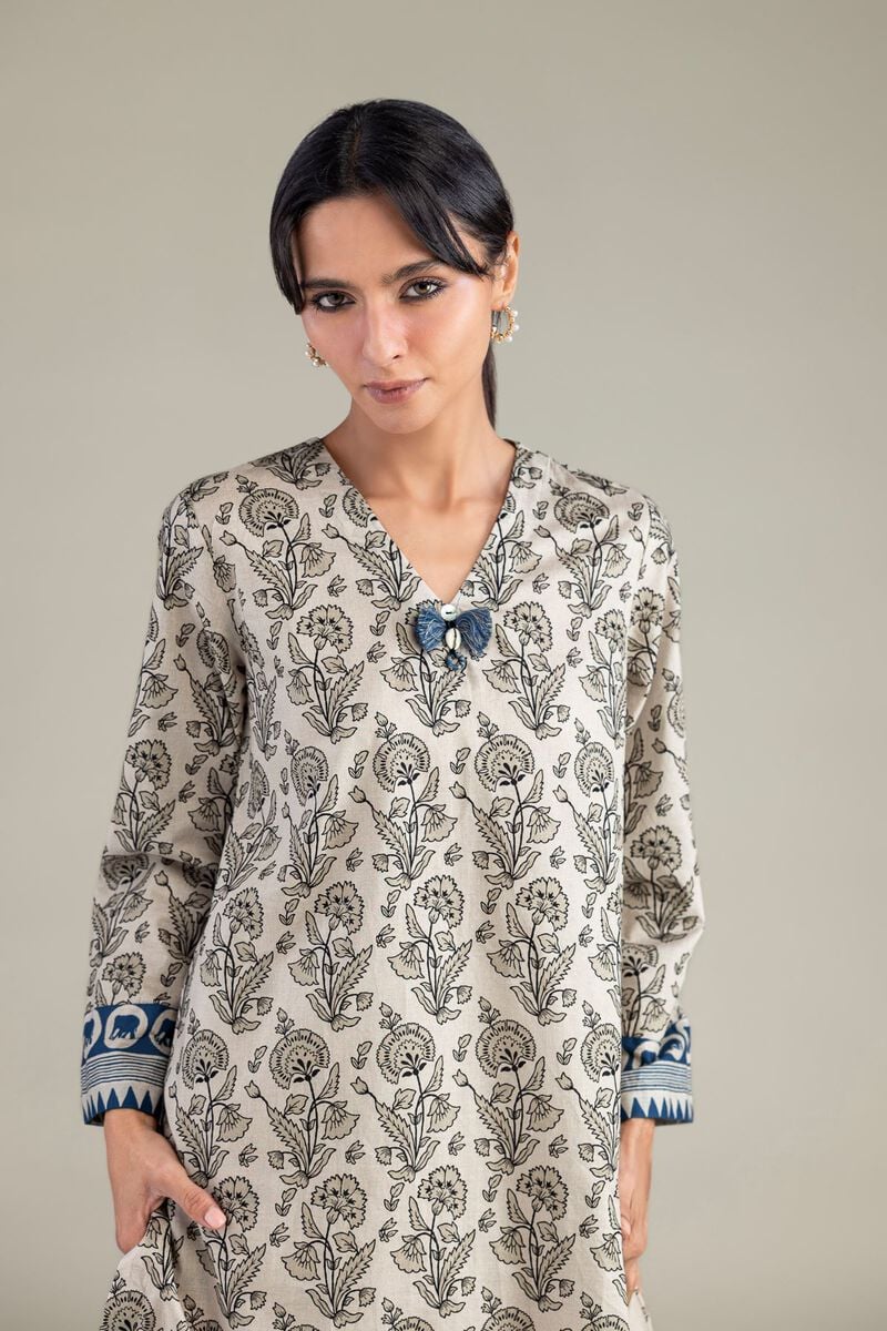 Beige V-Neck Kurta