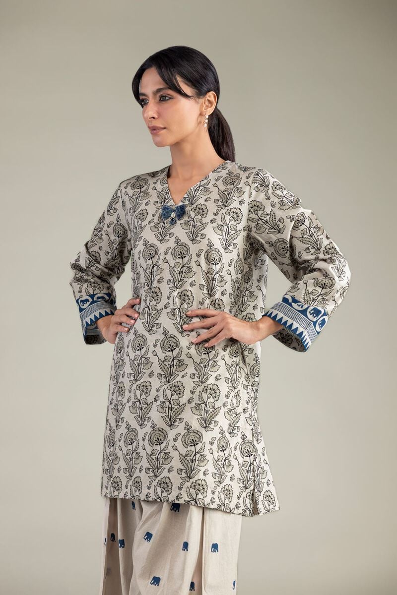Beige V-Neck Kurta