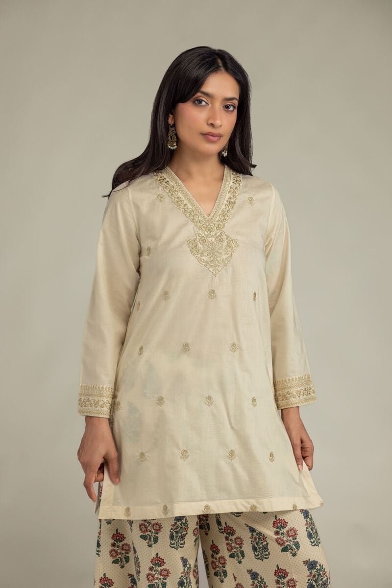 Beige V-Neck Kurta
