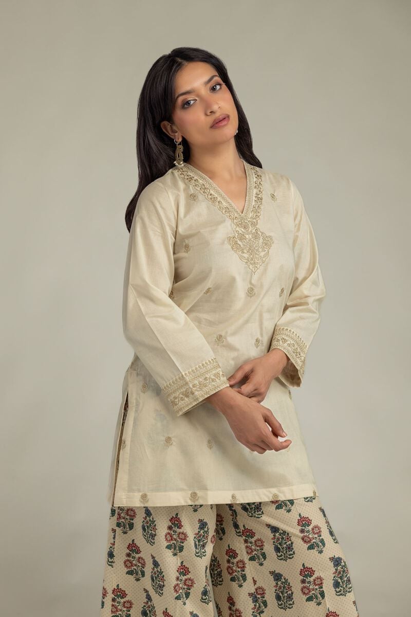 Beige V-Neck Kurta
