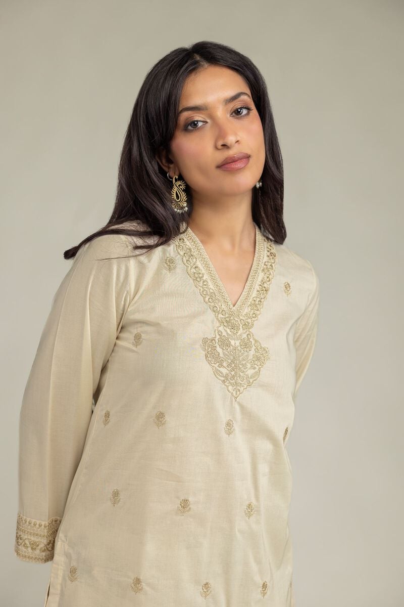 Beige V-Neck Kurta