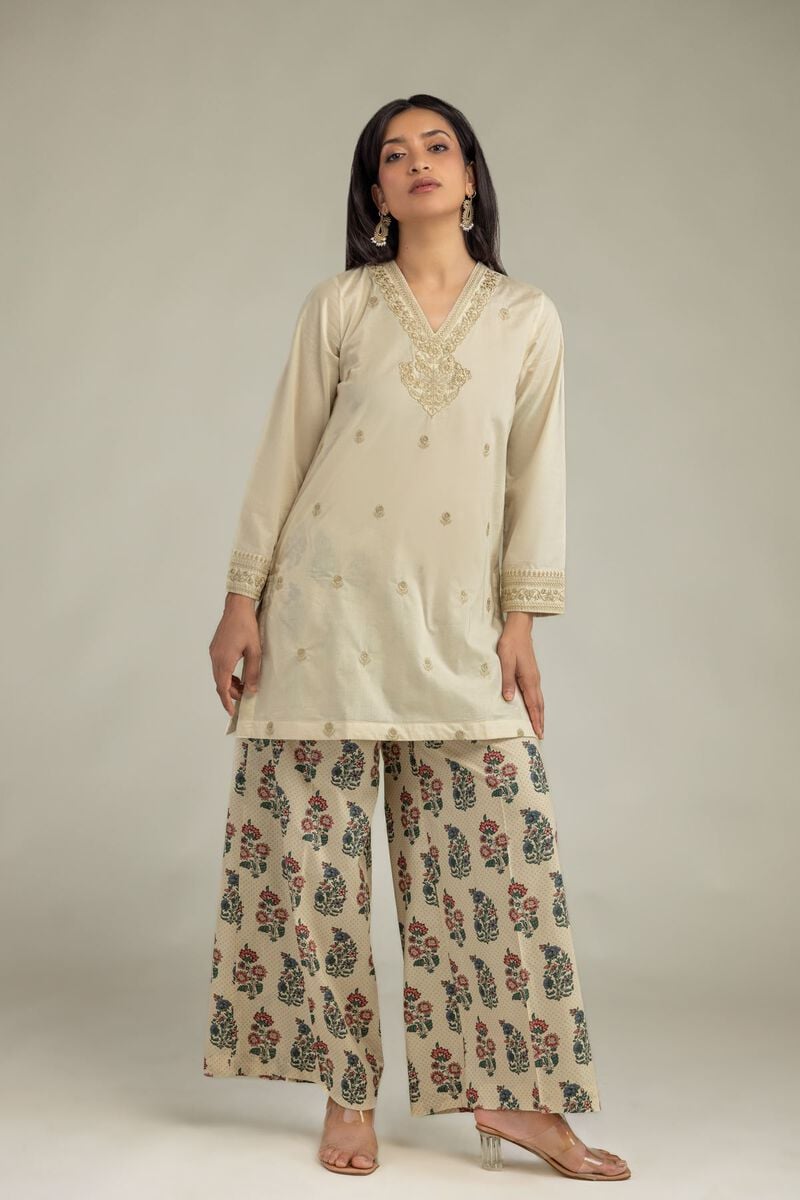 Beige V-Neck Kurta
