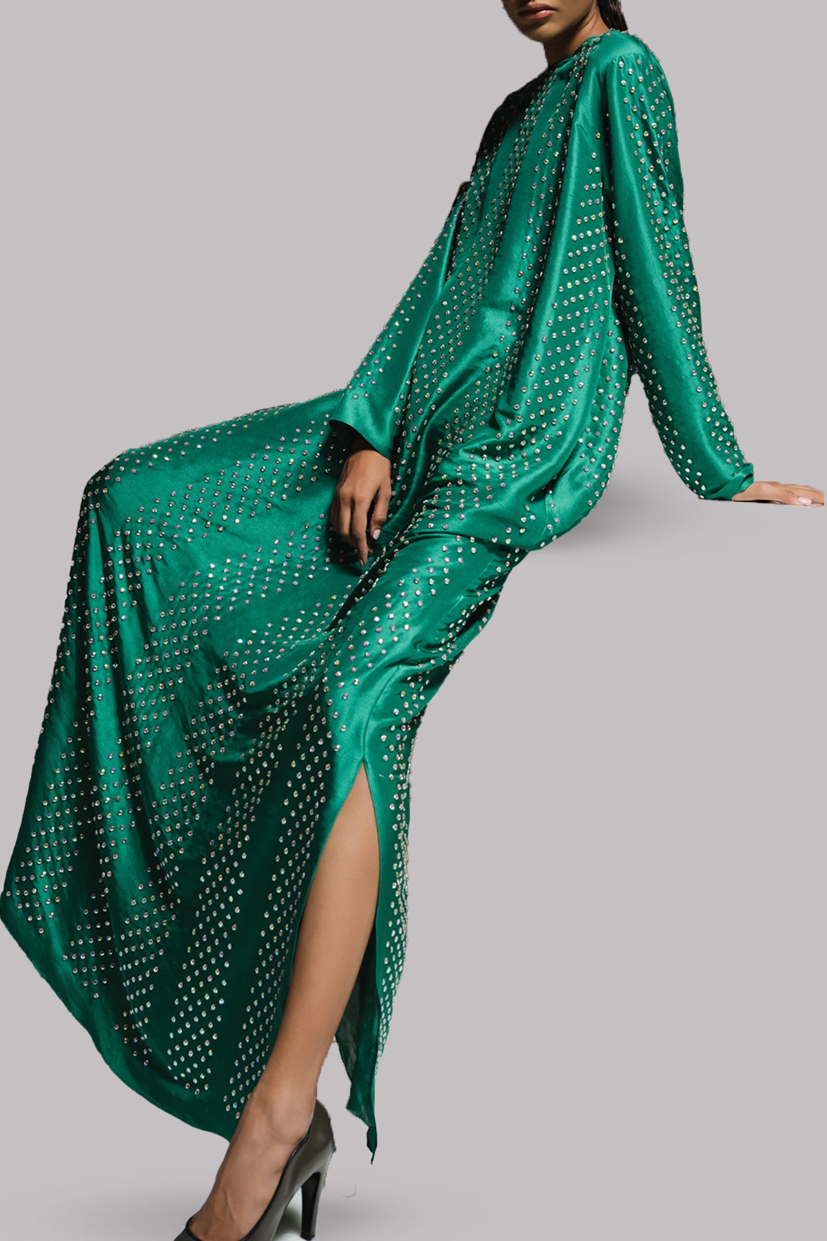 Emerald Green Crystal Embellished Silk Maxi Dress