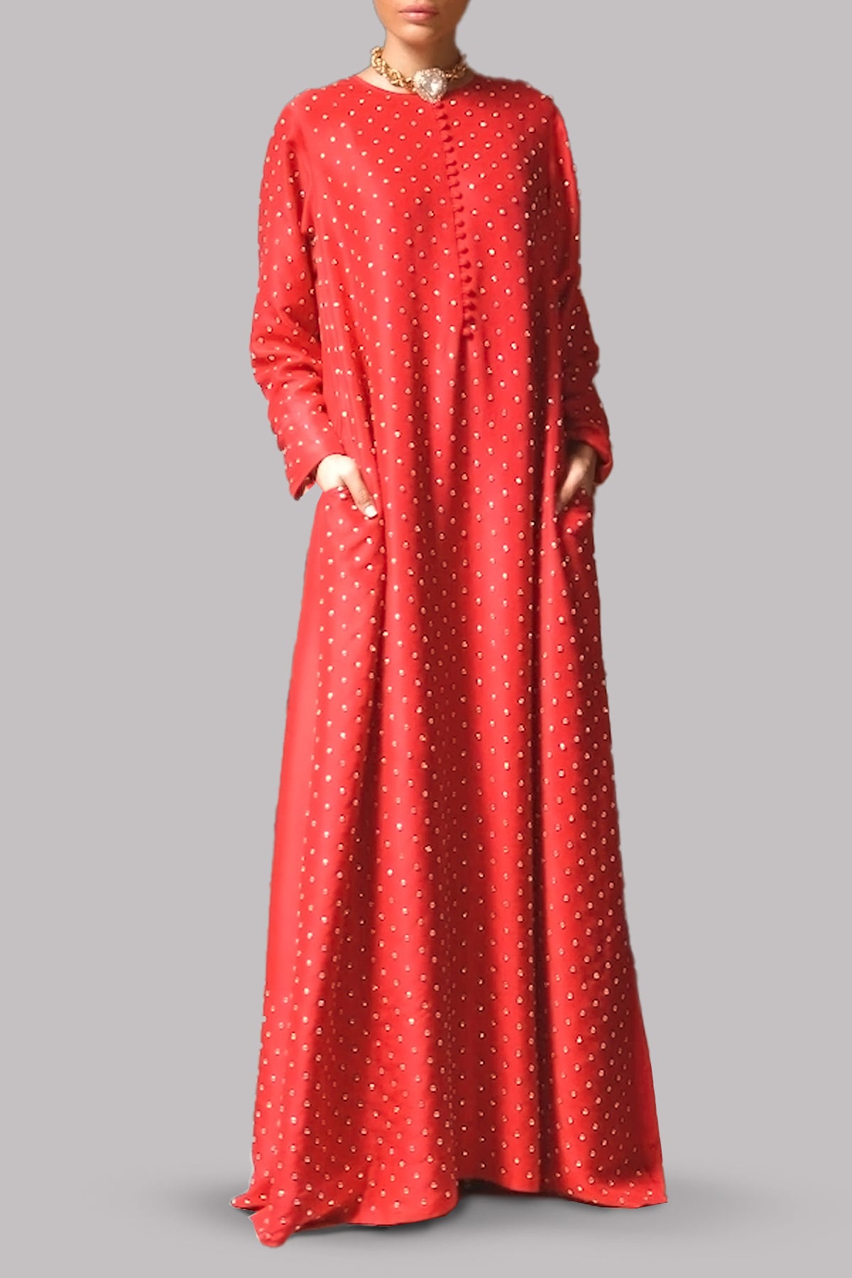 Tango Red Crystal Embellished Silk Maxi Dress