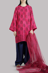 Tango Red and Black Iris Block Printed Raw Silk Set