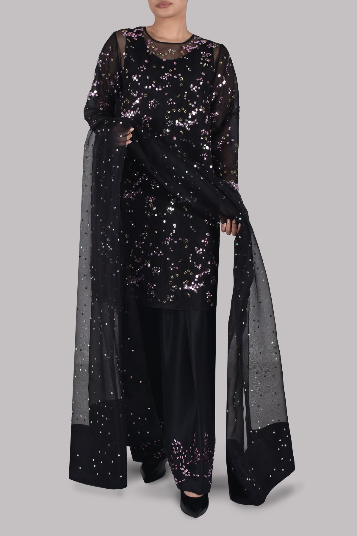 Black Embellished Organza Set