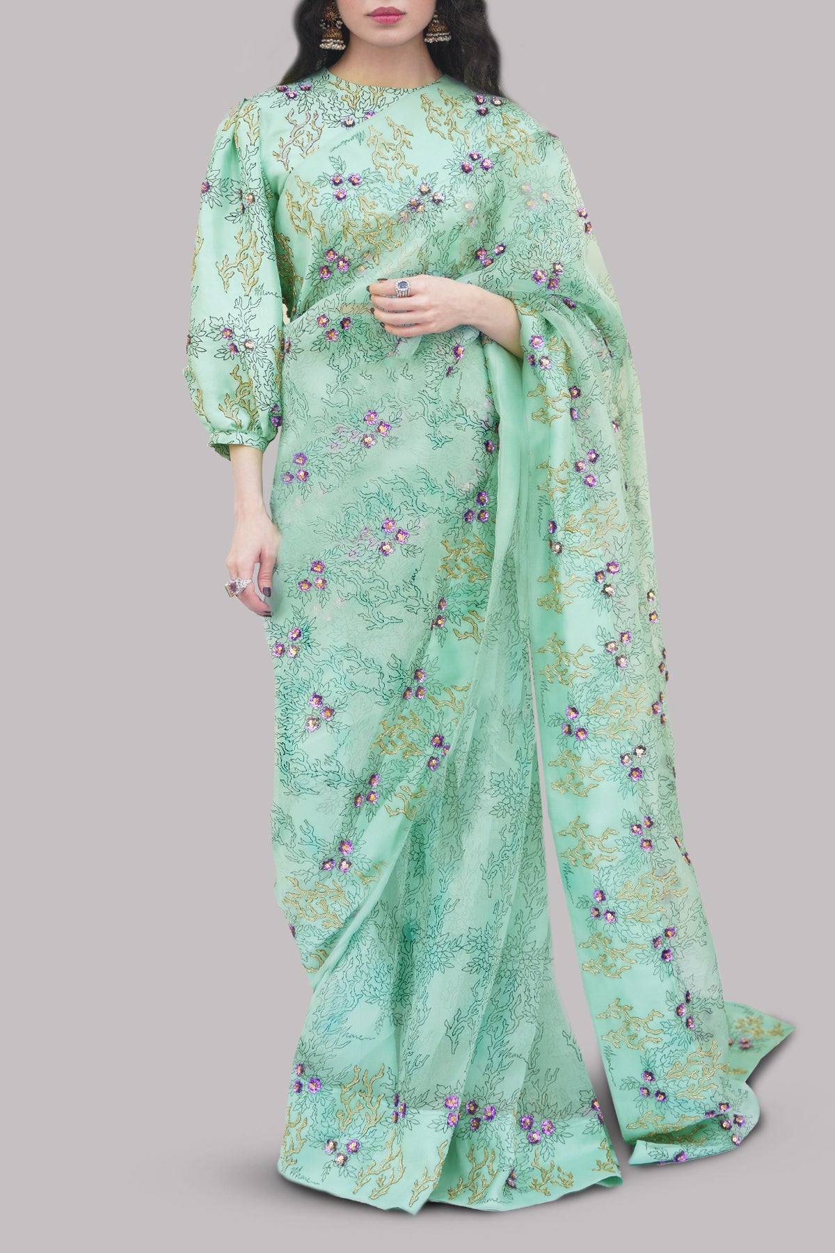 Brook Green Block Printed &amp; Embellished Organza Sari