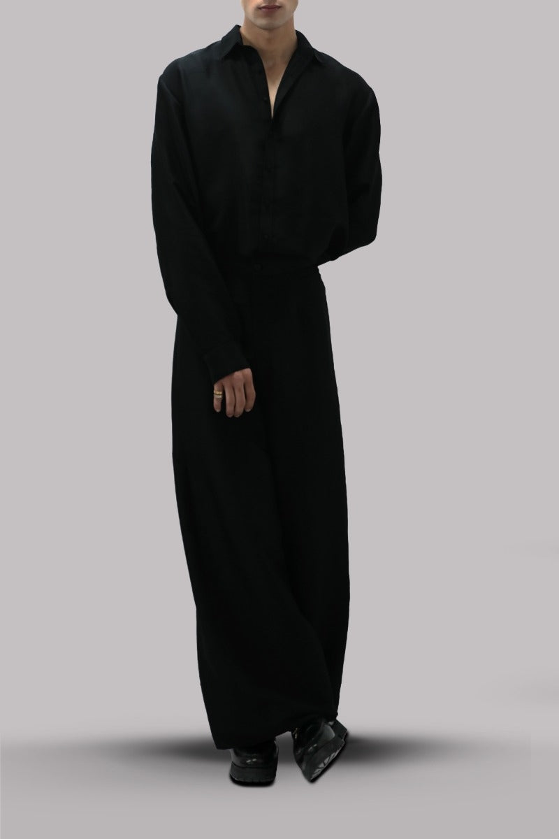 Black Raw Silk Button Down Shirt &amp; Pants