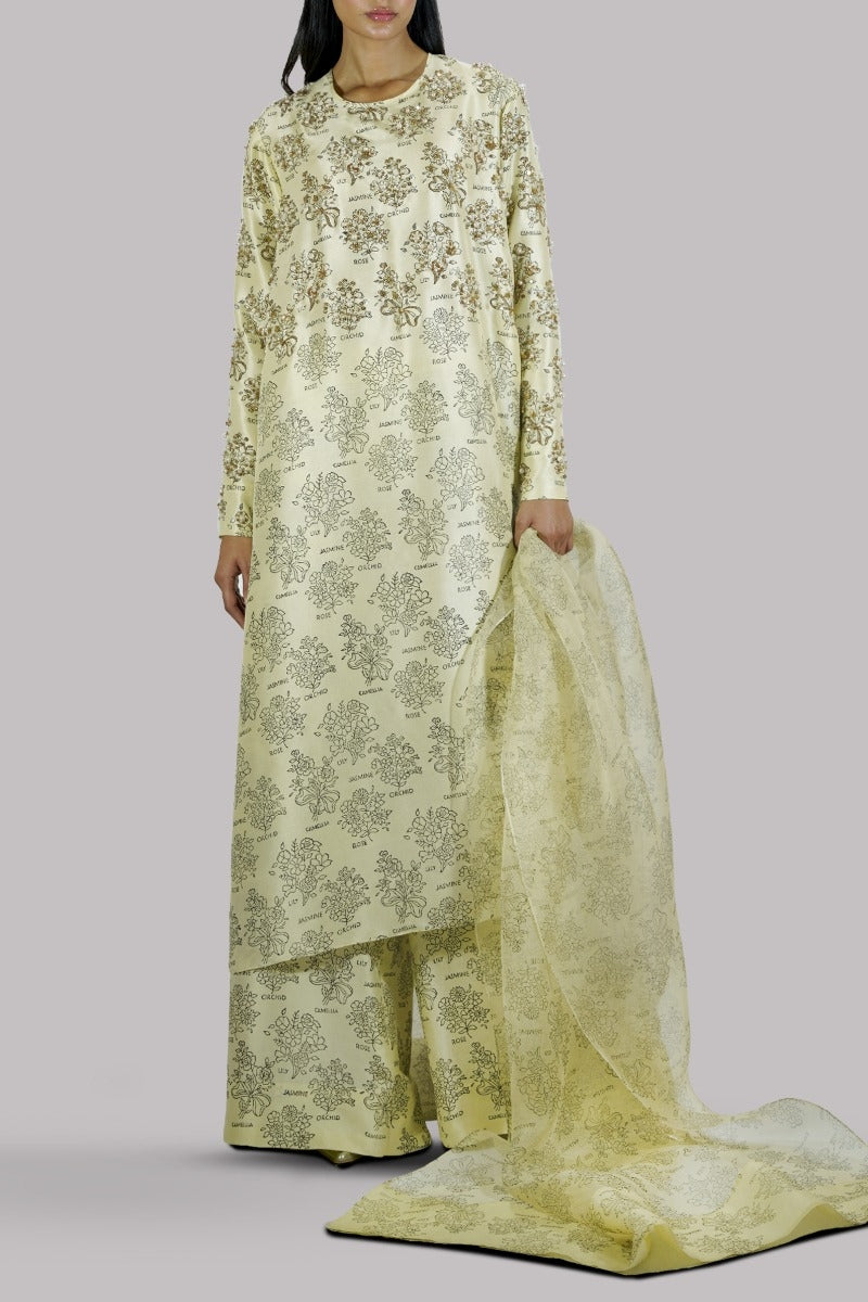 Verbena Yellow Block Printed &amp; Embellished Raw Silk Set