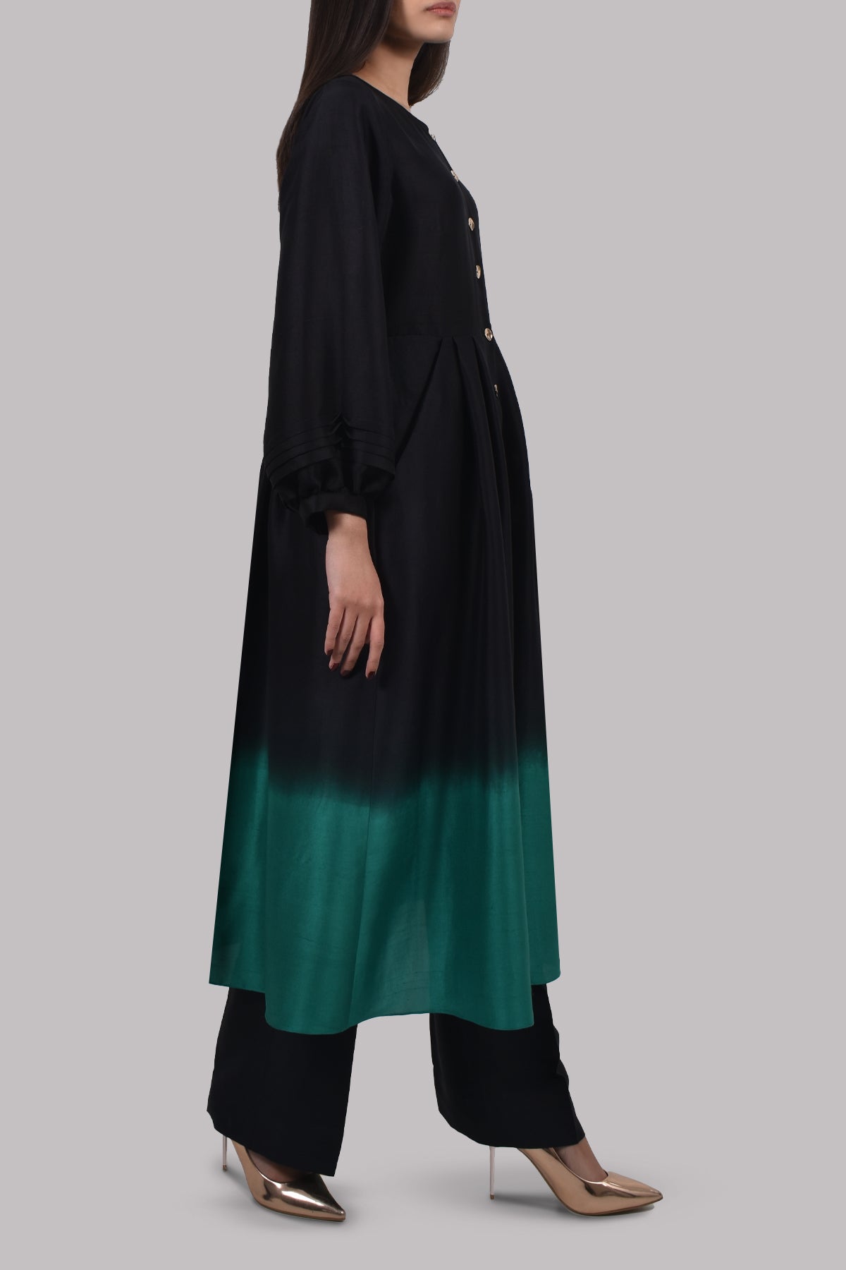 Black Ultramarine Green Ombre Raw Silk Tunic Set