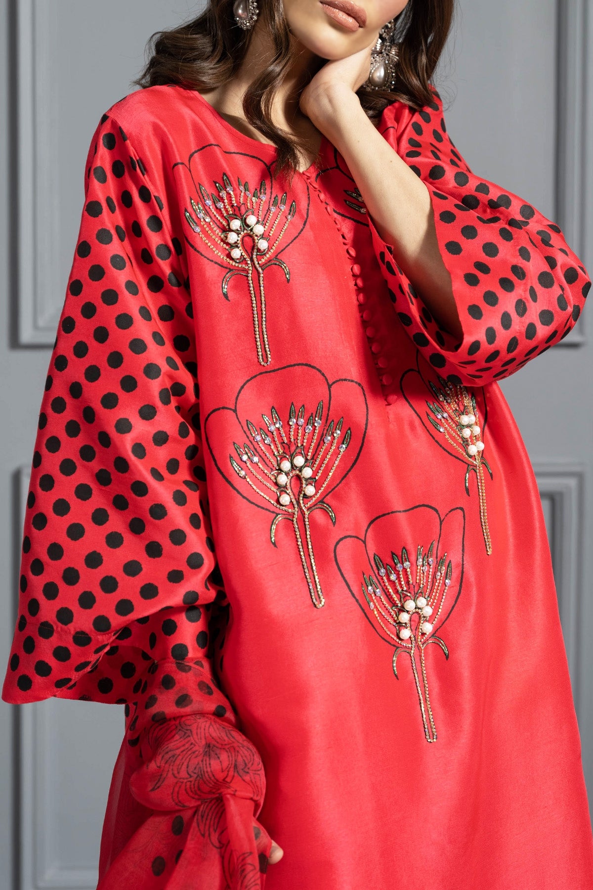 Lollipop Red Oversized Printed Embellished Raw Silk Set