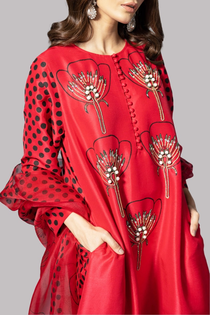 Tango Red Block Printed Embellished Raw Silk Maxi Dress Set