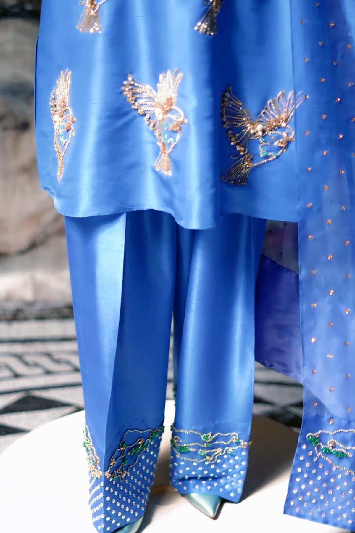 Mediterranean Blue Embellished Raw Silk Set