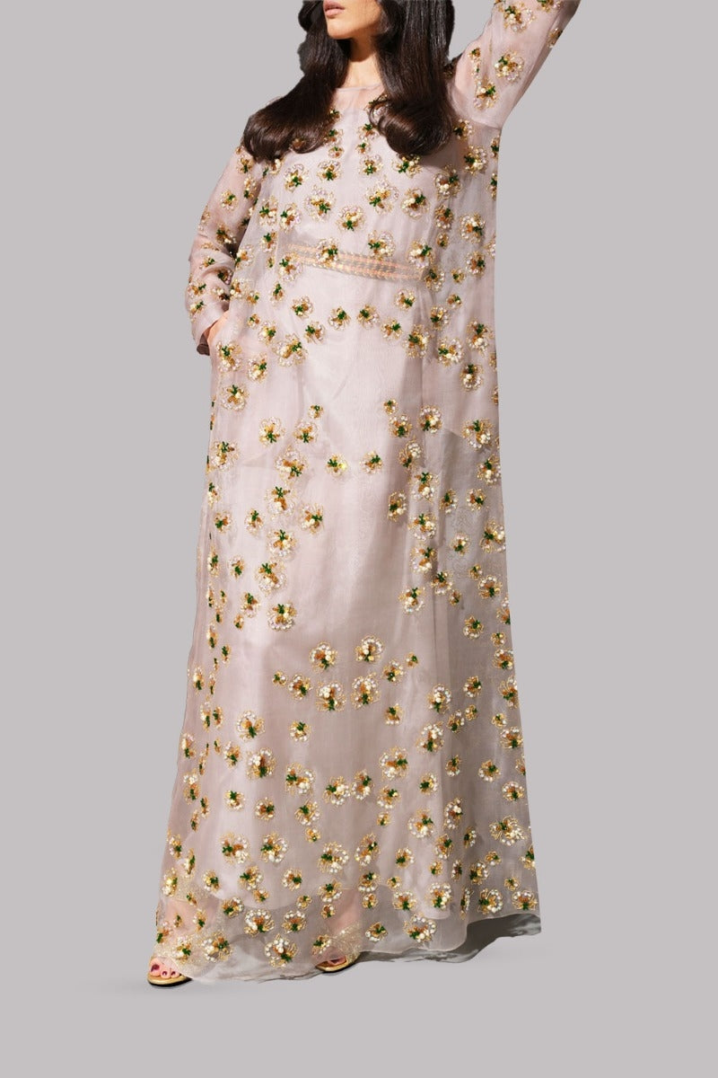 Silver Grey Embellished Organza Maxi Dress