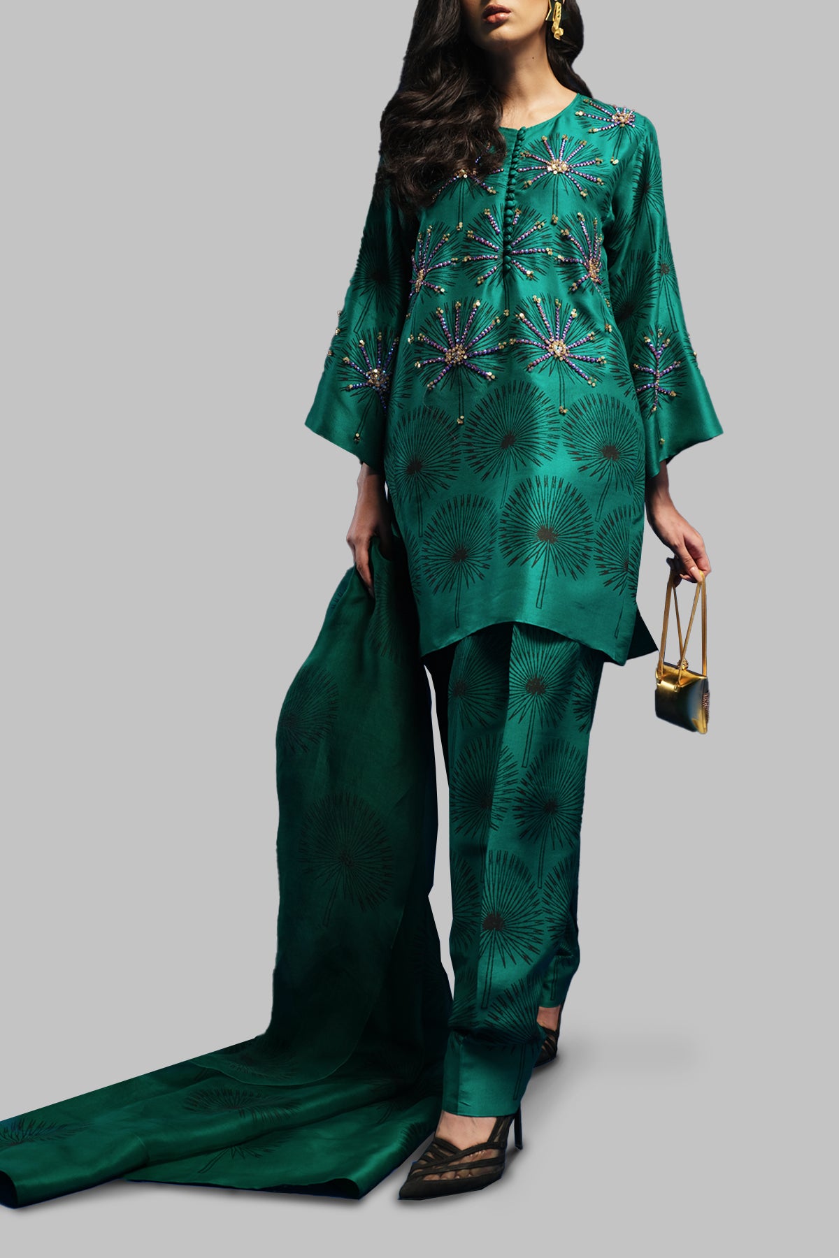 Cadmium Green Embellished Raw Silk Set