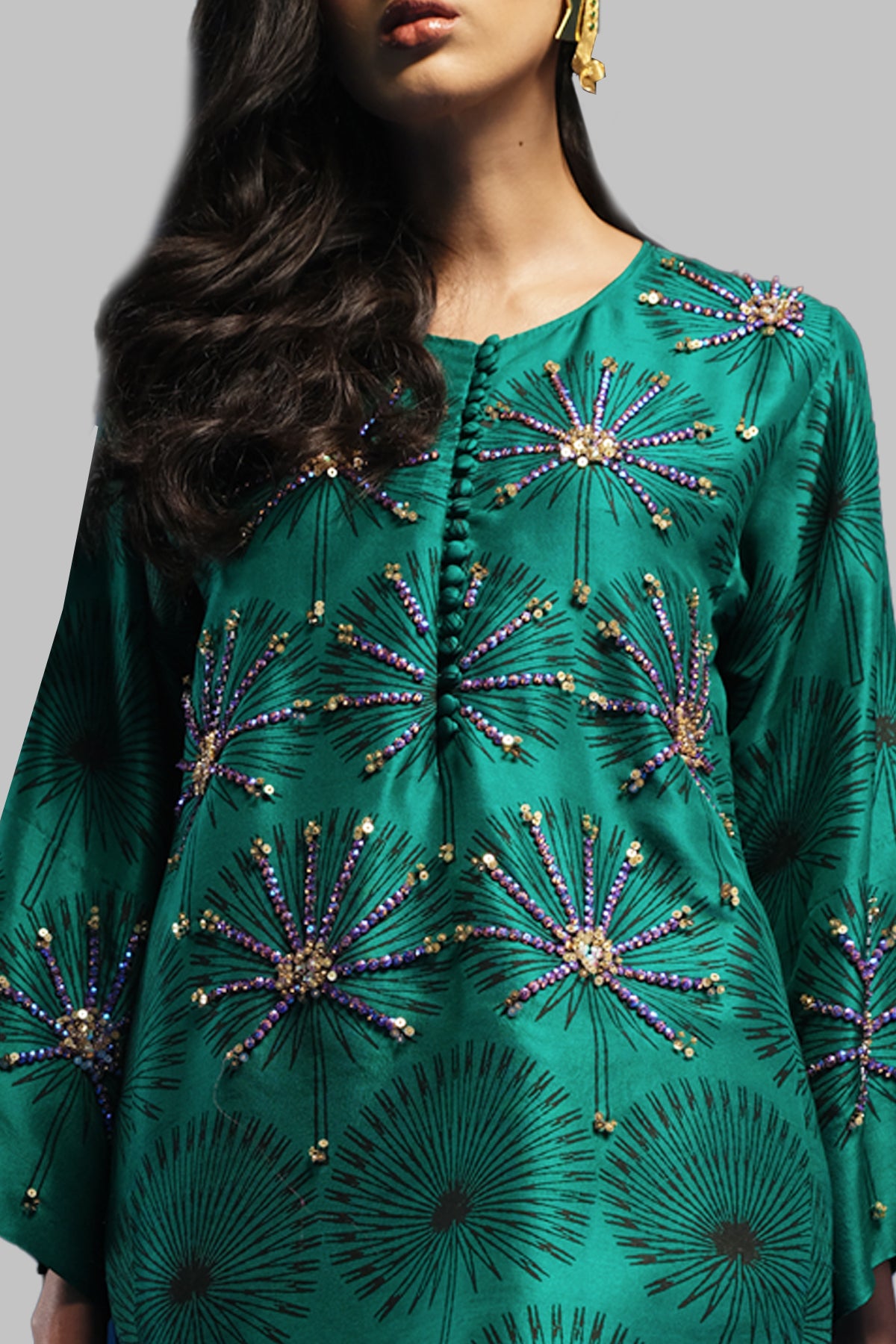 Cadmium Green Embellished Raw Silk Set