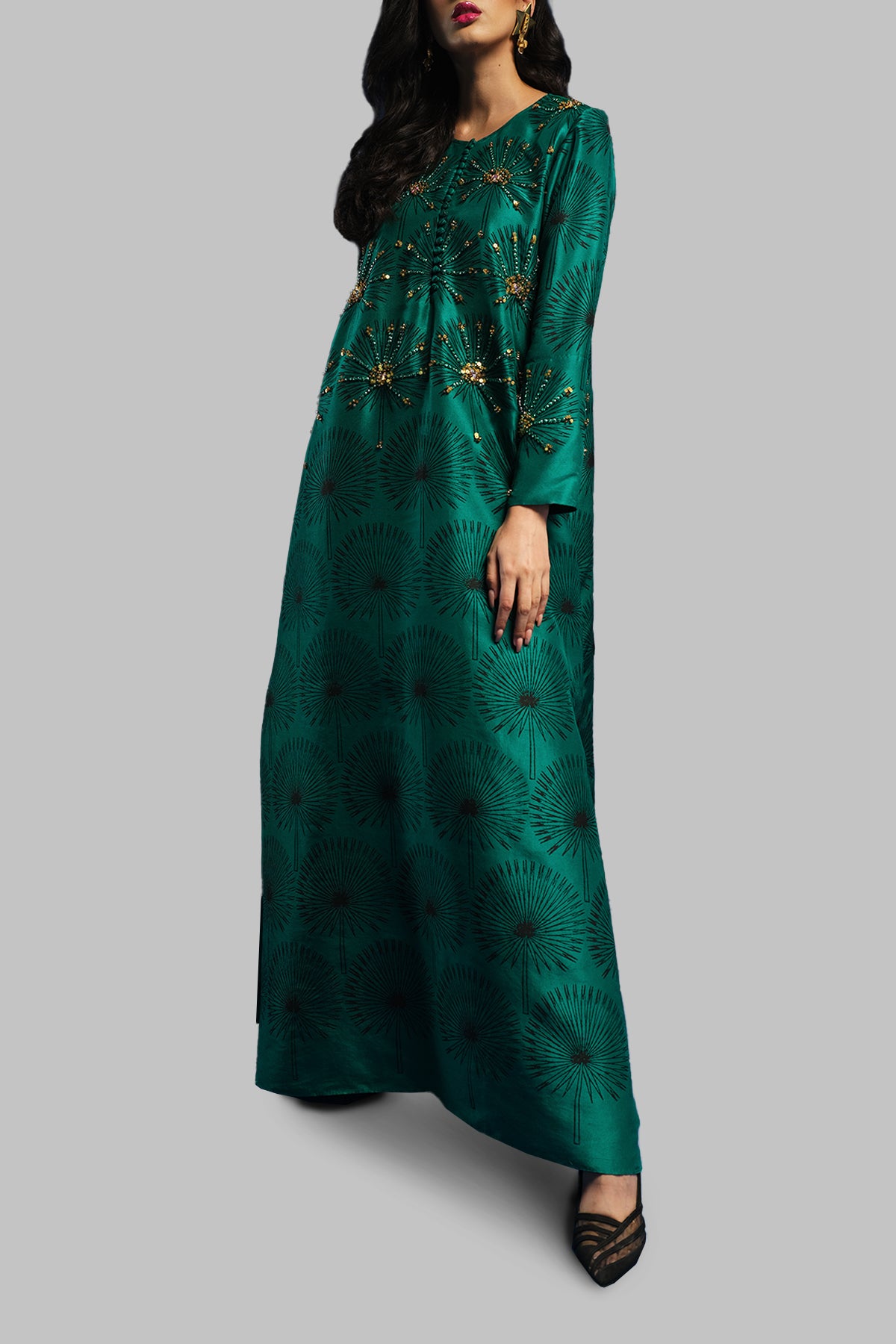 Cadmium Green Block Printed Silk Maxi