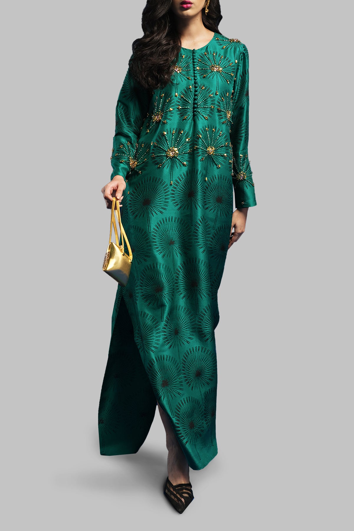 Cadmium Green Block Printed Silk Maxi