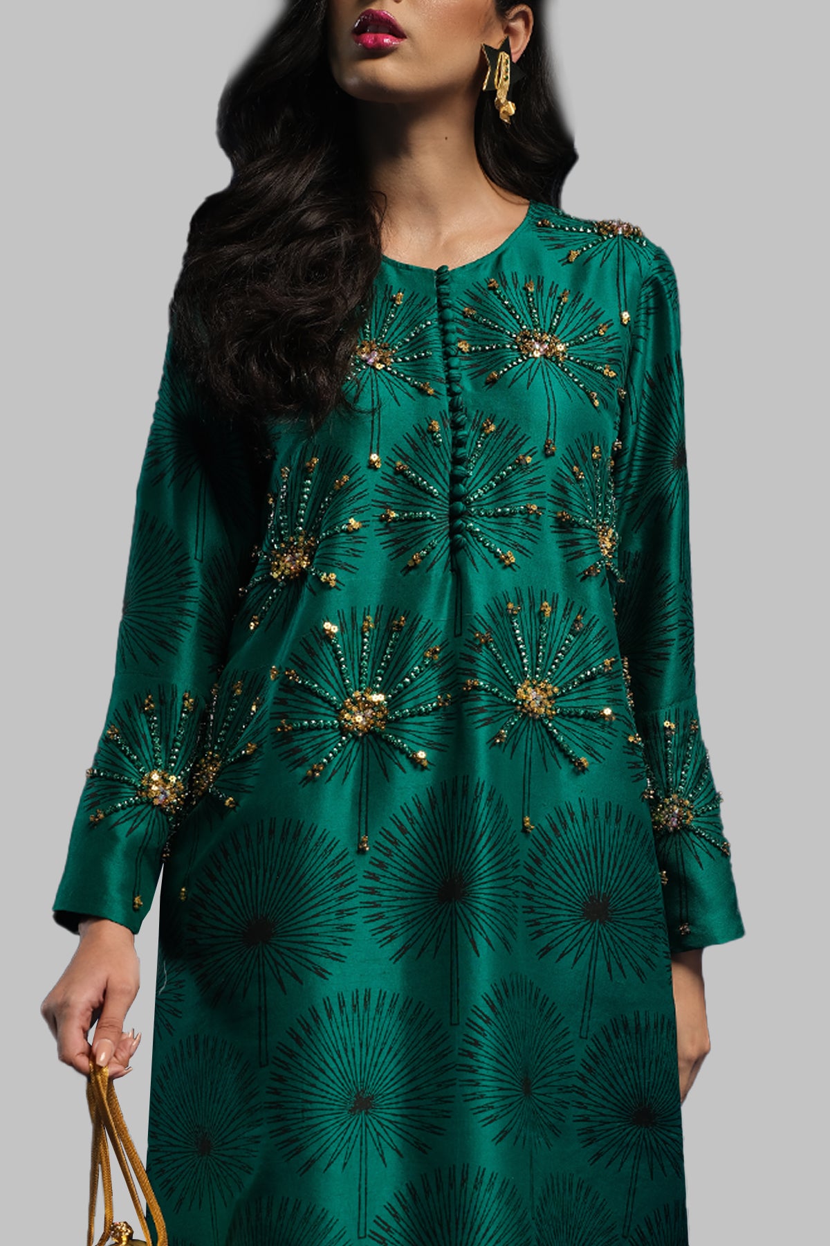 Cadmium Green Block Printed Silk Maxi