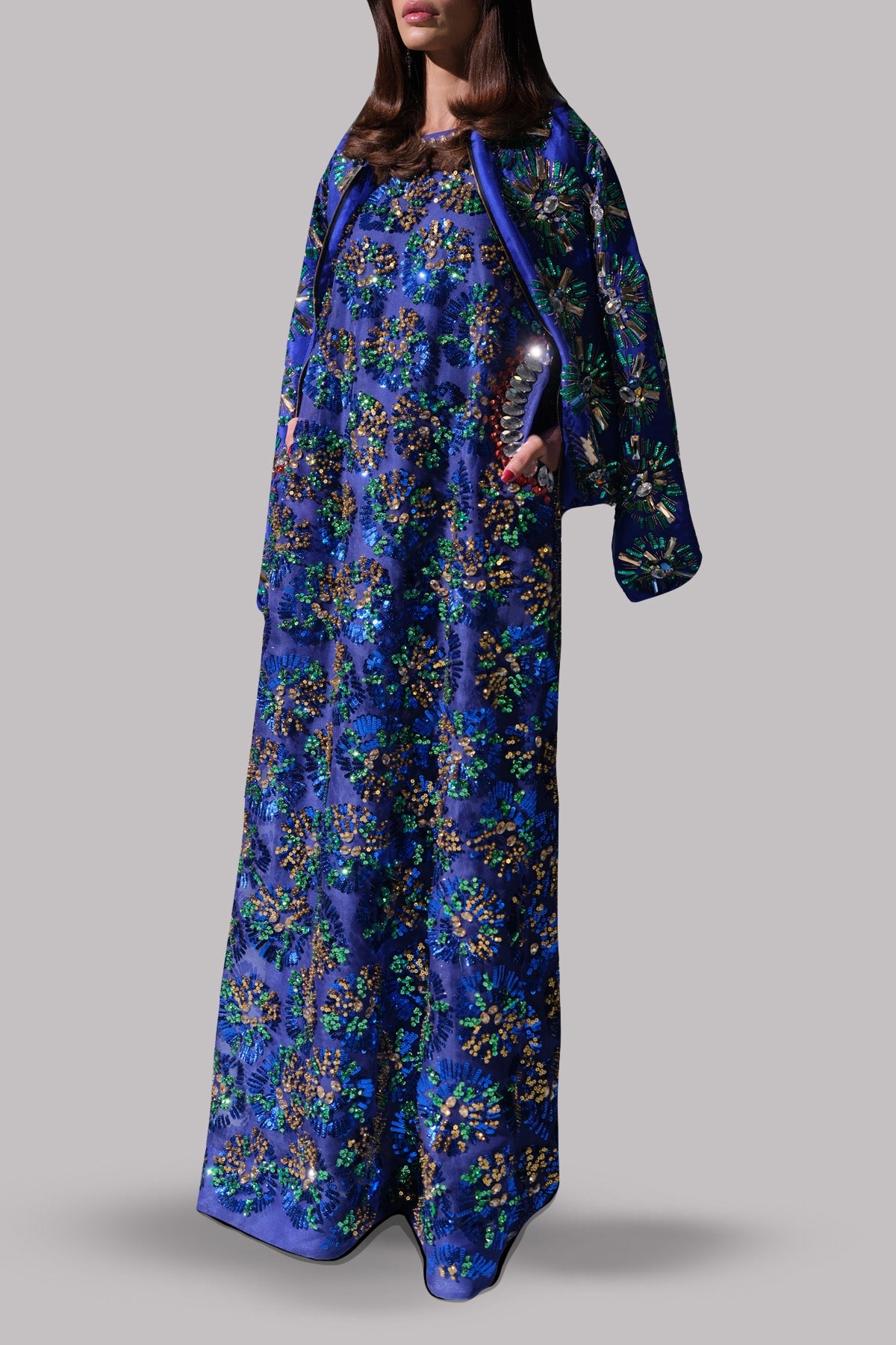 Dazzling Blue Embellished Organza Maxi