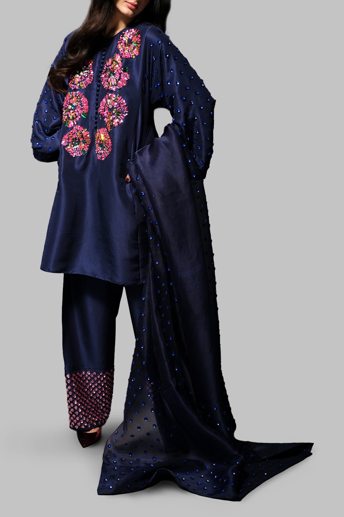Black Iris Embellished Raw Silk Set