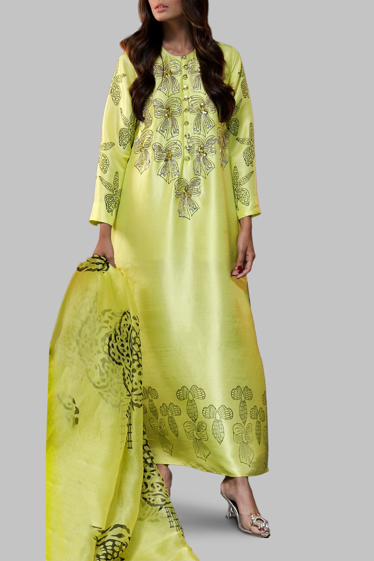 Aurora Yellow Block Printed Embellished Maxi Dress Set